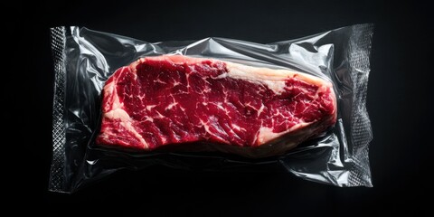 Raw beef steak vacuum sealed in plastic packaging on a black background