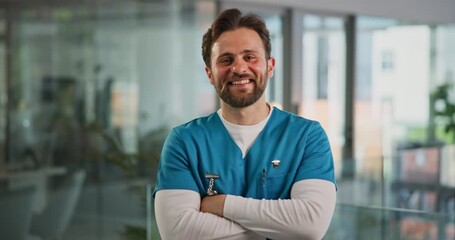 Face, nurse and happy man with arms crossed as medical expert, wellness and surgeon. Portrait, confident worker and healthcare professional with pride, person or about us in hospital in Australia - Powered by Adobe