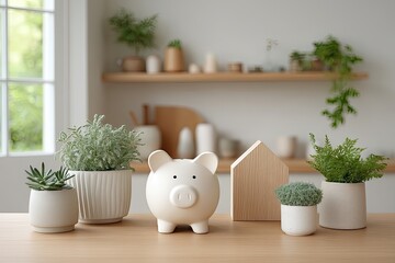 A Cream Piggy Bank Sits on a Wooden Table Surrounded by Potted Green Plants and a Small Wooden House Model on a Shelf in the Background