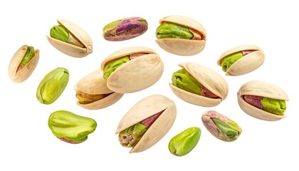 Pistachio nuts with open shells scattered on white background