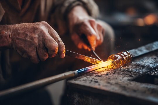 Glassblower's hands shaping molten glass with tools artisan workshop and handmade manufacturing business concept traditional craft