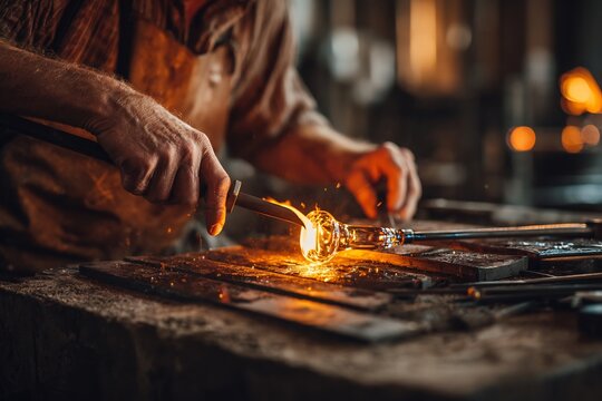 Glassblower's hands shaping molten glass with tools artisan workshop and handmade manufacturing business concept traditional craft