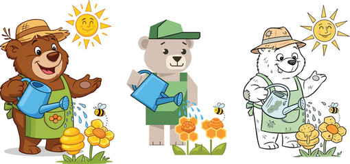 Cute cartoon bears watering flowers under sunshine, happy gardening animals with bees and watering cans, spring garden illustration for kids design © Mizanur