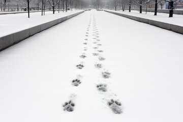 Animal paw prints in fresh white snow on a park pathway during winter