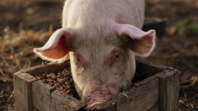Close-up shot of a pig eating from a wooden trough