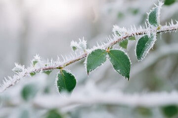 Delicate hoarfrost covering green leaves on branch in winter