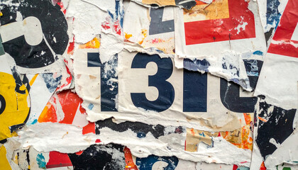 Fototapeta premium Collage of ripped and torn street posters with numbers and letters, grunge aesthetic, creased