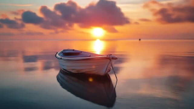 Tranquil sunset on calm water with a small boat. Golden hour light reflecting on the still surface, creating a peaceful and serene natural landscape.