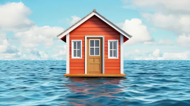 Tiny House Floating on Water: A charming, small house, painted a vibrant hue, floats gently upon the water, framed by a soft, cloudy sky. Evoking a sense of serenity and seclusion.