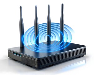 Modern black wireless router with four antennas isolated on white background