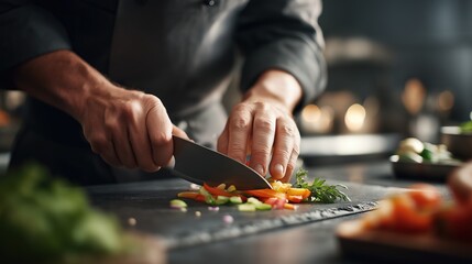 A chef skillfully chops fresh vegetables on a cutting board, showcasing culinary expertise in a vibrant kitchen setting.
