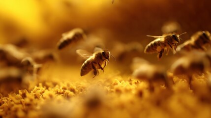 Bees pollinating flowers garden nature photography warm environment close-up ecosystem harmony