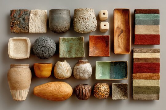A diverse collection of handcrafted pottery and decorative objects arranged artistically on a neutral background