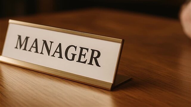 Professional Change promotion concept. Nameplate on a desk with the word "MANAGER" displayed prominently.