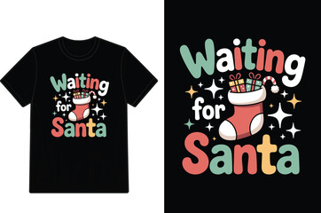 A black t-shirt mockup displaying a 'waiting for Santa' christmas design.