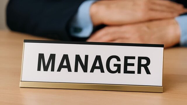 Professional Change promotion concept. A hand placing a manager nameplate on a desk.