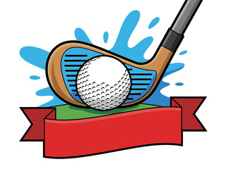 Golf club hitting a golf ball with water splash and red banner for your text presentation illustration