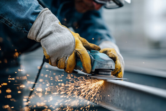 Close up, Worker grinding steel beams with protective glasses and gloves , no logo no text