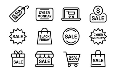 Black Friday and Cyber Monday Sale Icons Set for Retail Promotions and Online Shopping Events