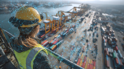 A female port worker surveys the shipping yard, overlaid with a digital network visualization to depict technology integration and global connectivity.