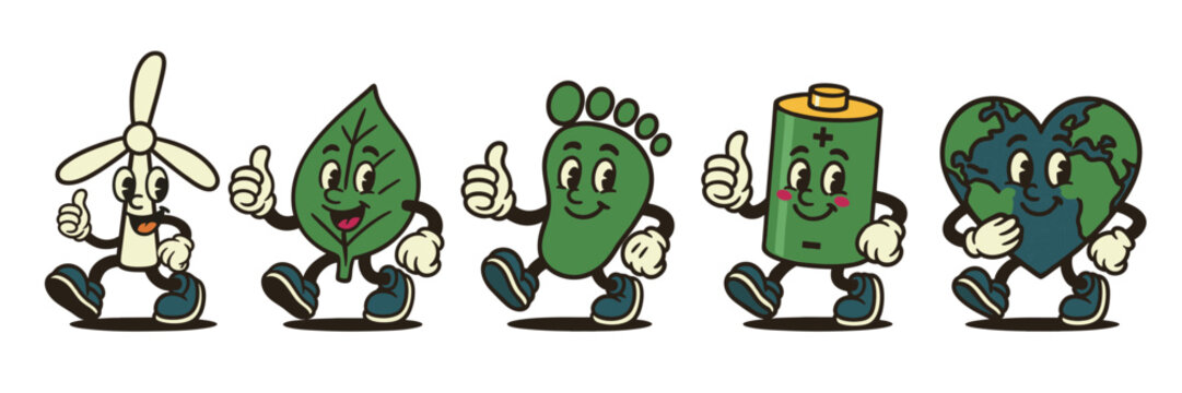 Cute retro eco mascots promoting sustainability with vintage cartoon style eco and renewable energy icons