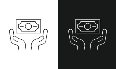 Minimalist Hands Cupped Under Banknote Line Art Icon, Simple Symbol for Receiving Payment, Salary, Donation, or Savings, Modern Vector Graphic for Finance and Wealth, Black and White Versions.