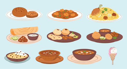 A colorful illustration featuring a variety of delicious Indian dishes arranged on a light blue background.