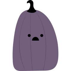 A whimsical purple pumpkin with a sad face on a transparent background perfect for autumn and Halloween designs