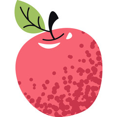 A Whimsical Illustration of a Red Apple with a Green Leaf and Stem on a Transparent Background with Textured Details