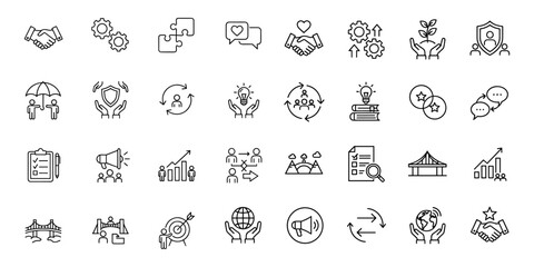 Set of modern business strategy and management related vector line icons promoting collaboration teamwork growth protection learning and innovation representing diverse aspects