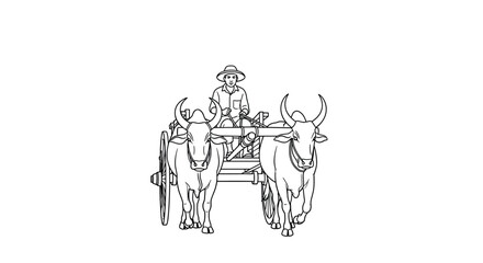 A farmer wearing a hat drives an ox cart pulled by two oxen in a line drawing.