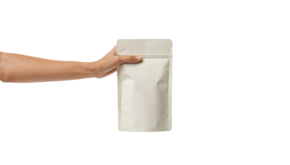 A hand holding a blank food pouch, ready for a product to be packaged. The pouch is in a vertical format, showcasing its potential for food presentation.