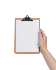 a hand holding a wooden clipboard with blank paper