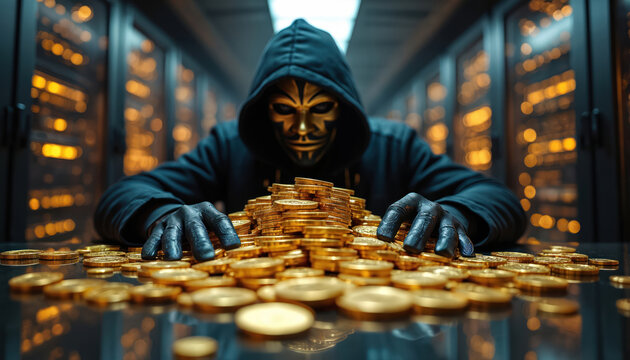 Masked person with gold coins in server room. Anonymous figure in hood gathers crypto currency. Digital theft concept. Cybercrime financial gain, data breach.