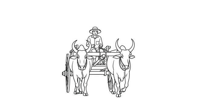 A farmer wearing a hat drives an ox cart pulled by two oxen in a line drawing.