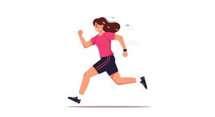 Energetic woman with brown hair in a pink t-shirt and black shorts running vigorously with sweat droplets, exercising outdoors on a white background.