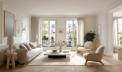 Fototapeta premium Elegant living room interior design with bright daylight and decorative elements
