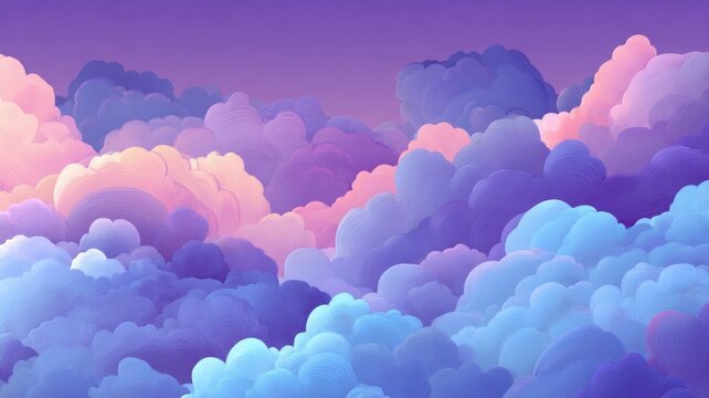 Fototapeta Layers of pastel clouds form serene sky illusion. Soft purples, blues, and pinks dominate, creating dreamy atmosphere. Smooth gradient transitions enhance visual calm. Neural network AI generated