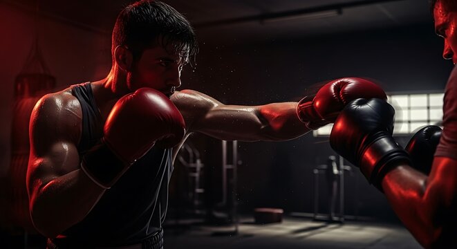 Muscular boxer in red gloves lands a powerful punch during an intense sparring session.