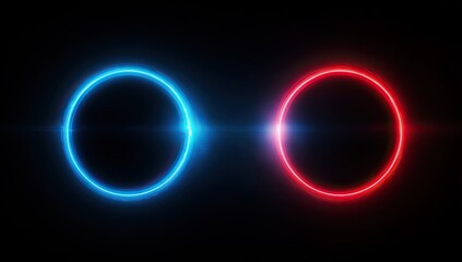 Two glowing circles, red and blue, on a black background. Abstract, modern design