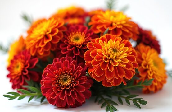 Group of marigold flowers in full bloom. Red and orange petals are visible on a white backdrop. Green leaves surround the blossoms. These flowers evoke warmth and nature.