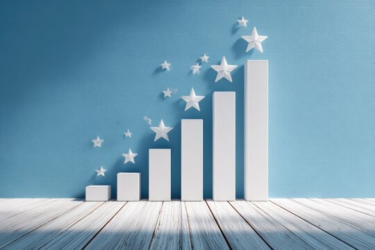 White bar graph ascending against a light blue wall, with scattered white stars
