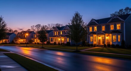 Suburban street at dusk with illuminated houses and tree-lined sidewalks