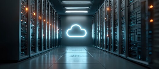 Futuristic server room with glowing cloud symbol