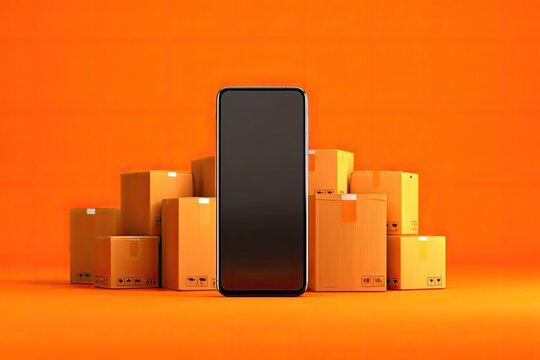 Smartphone and stacked cardboard boxes on an orange background