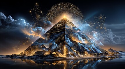 Majestic pyramid with glowing elements and clouds. The Pyramid Codex futuristic holographic art, The Pyramid Codex neon gold pyramid, The Pyramid Codex minimal sci-fi illustration