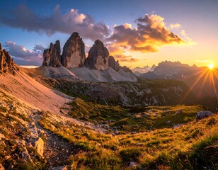 A scenic mountain landscape at sunrise, with a vibrant sky, rugged peaks, and a valley below. Golden light bathes the area
