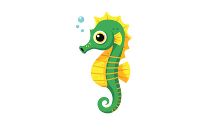 Naklejka premium Cute cartoon green and yellow seahorse swimming underwater with bubbles rising from its snout.