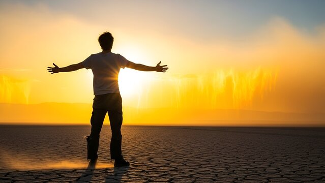 A person with arms outstretched facing a vibrant sunset on cracked earth