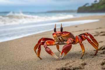 Red Crab Walking on Sandy Beach with Ocean Waves